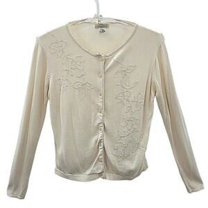 Yarn Works Vintage Cream‎ Knit Floral Beaded Cardigan Sweater Jacket